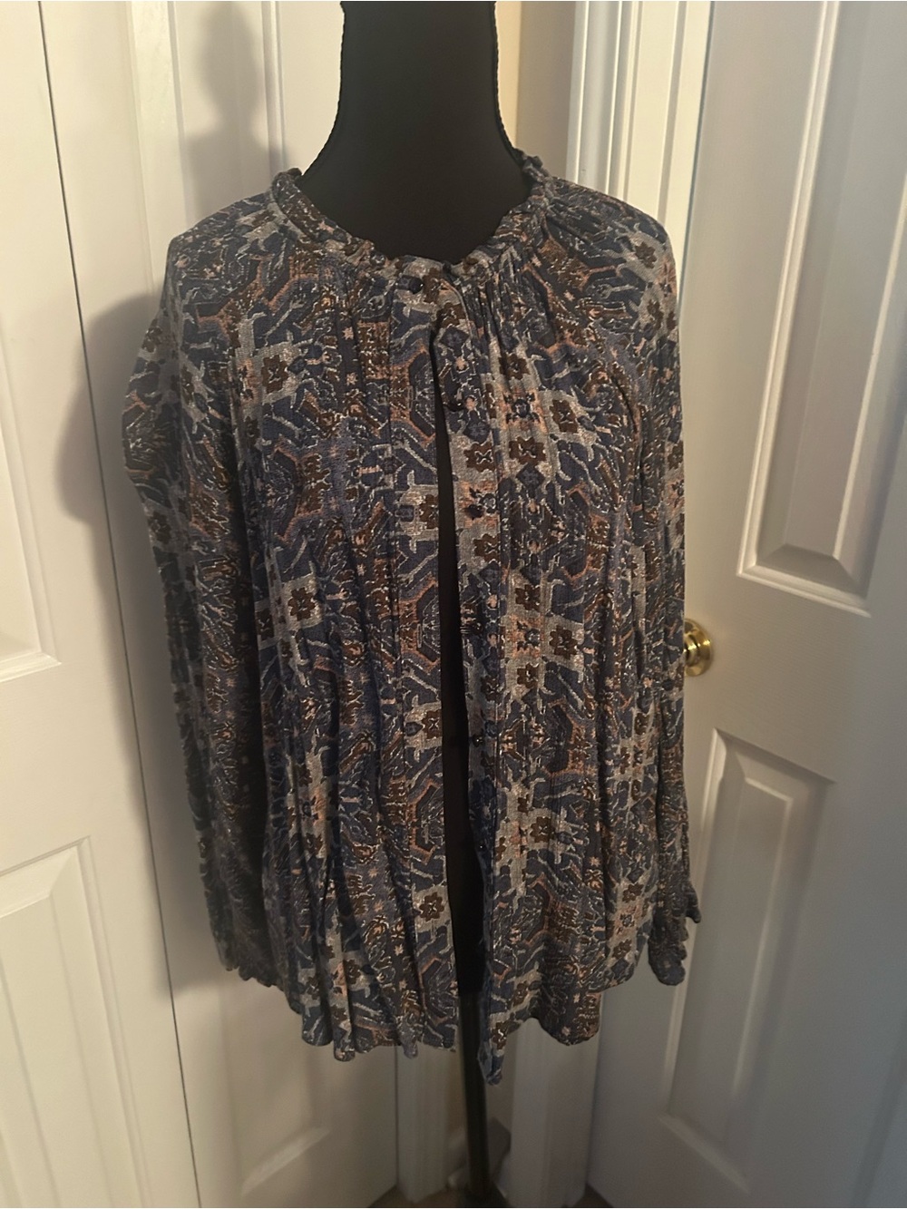 Blue and Brown Printed Women's Blouse - Soft Draped Long-Sleeve Top